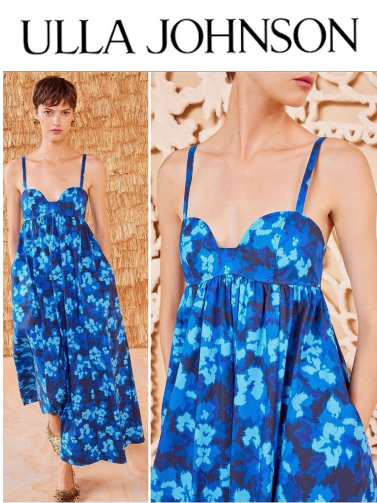 Ulla Johnson Harlan Blue Floral Print Midi Dress 10 Spaghetti Strap Sleeveless
